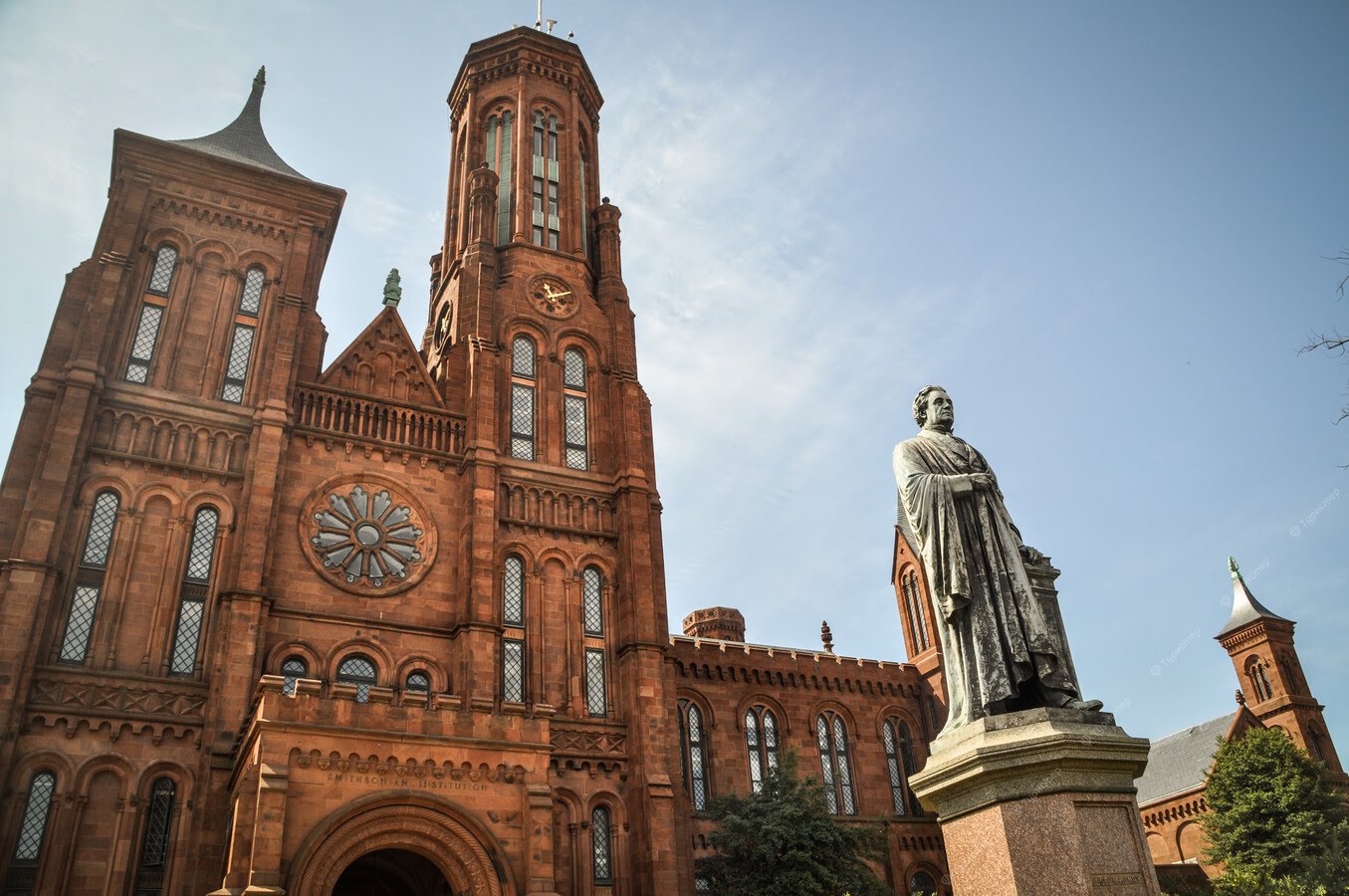 smithsonian institution hq with a monument outside