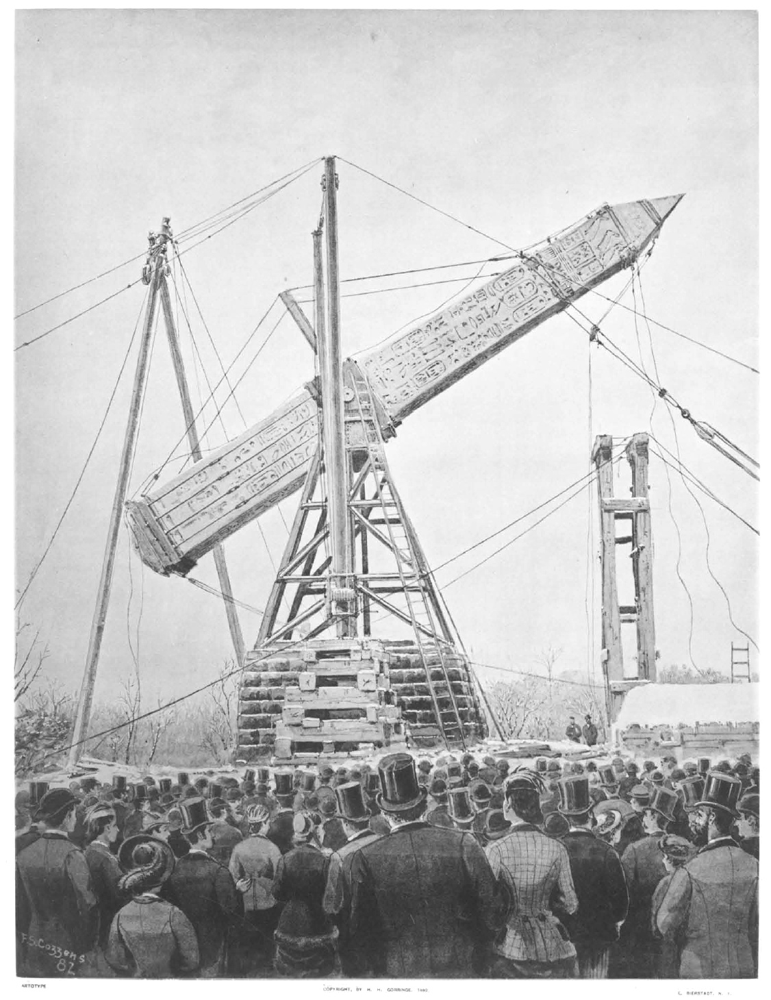 black and white lithograph depicting a crowd watching an installation of the egyption obelisk