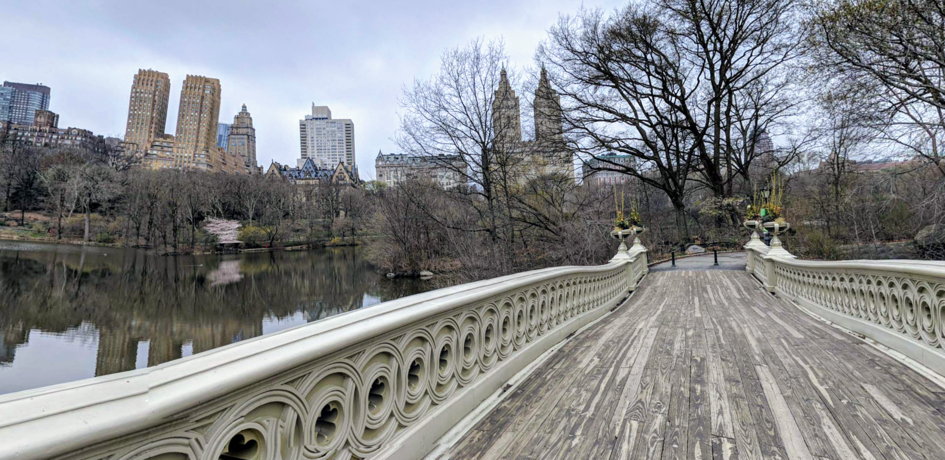 a bridge over Central Park Lake with buildings seen beyond naked trees