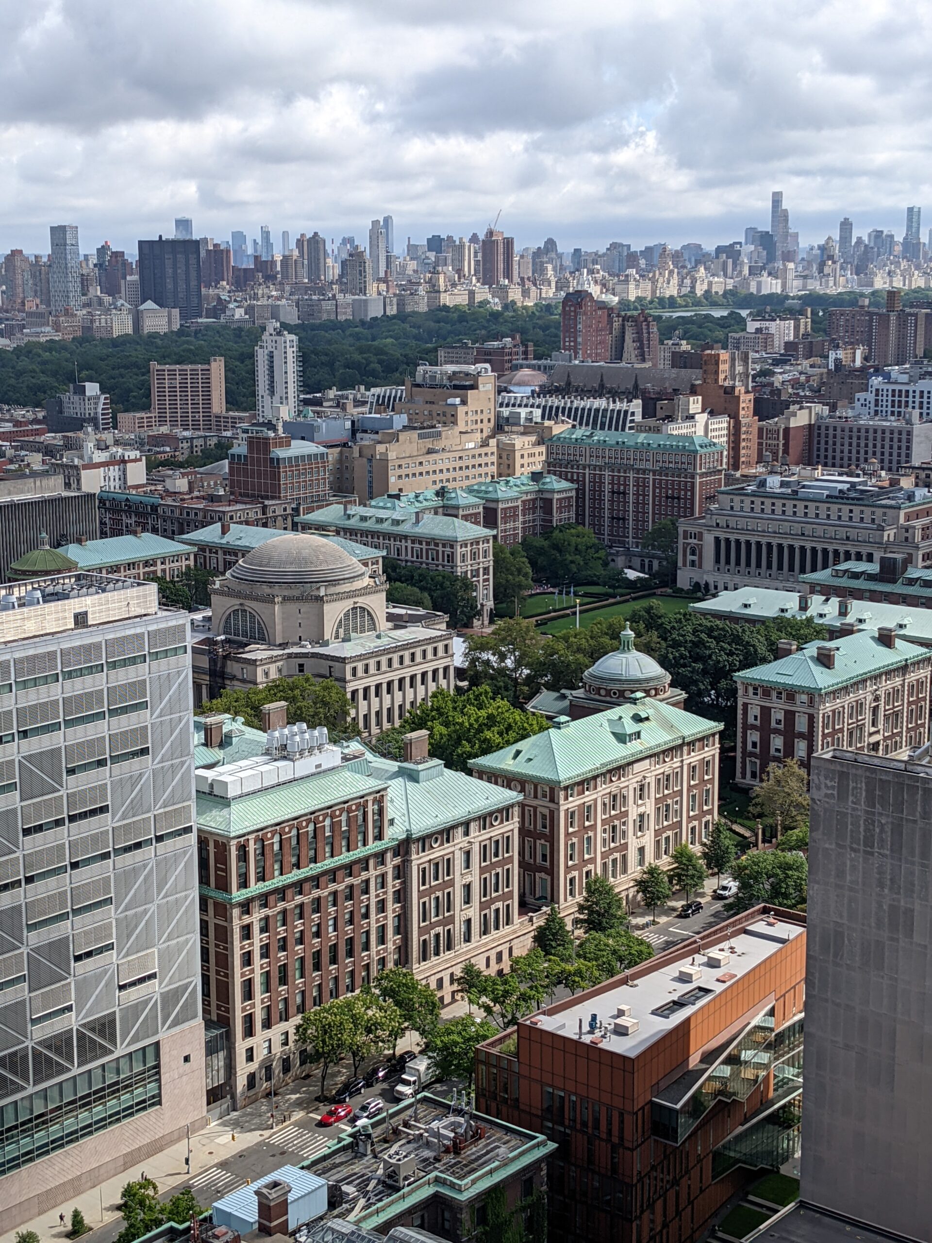 a birds eye view of Columbia University campus, Morningside Heights, Central Park and beyond