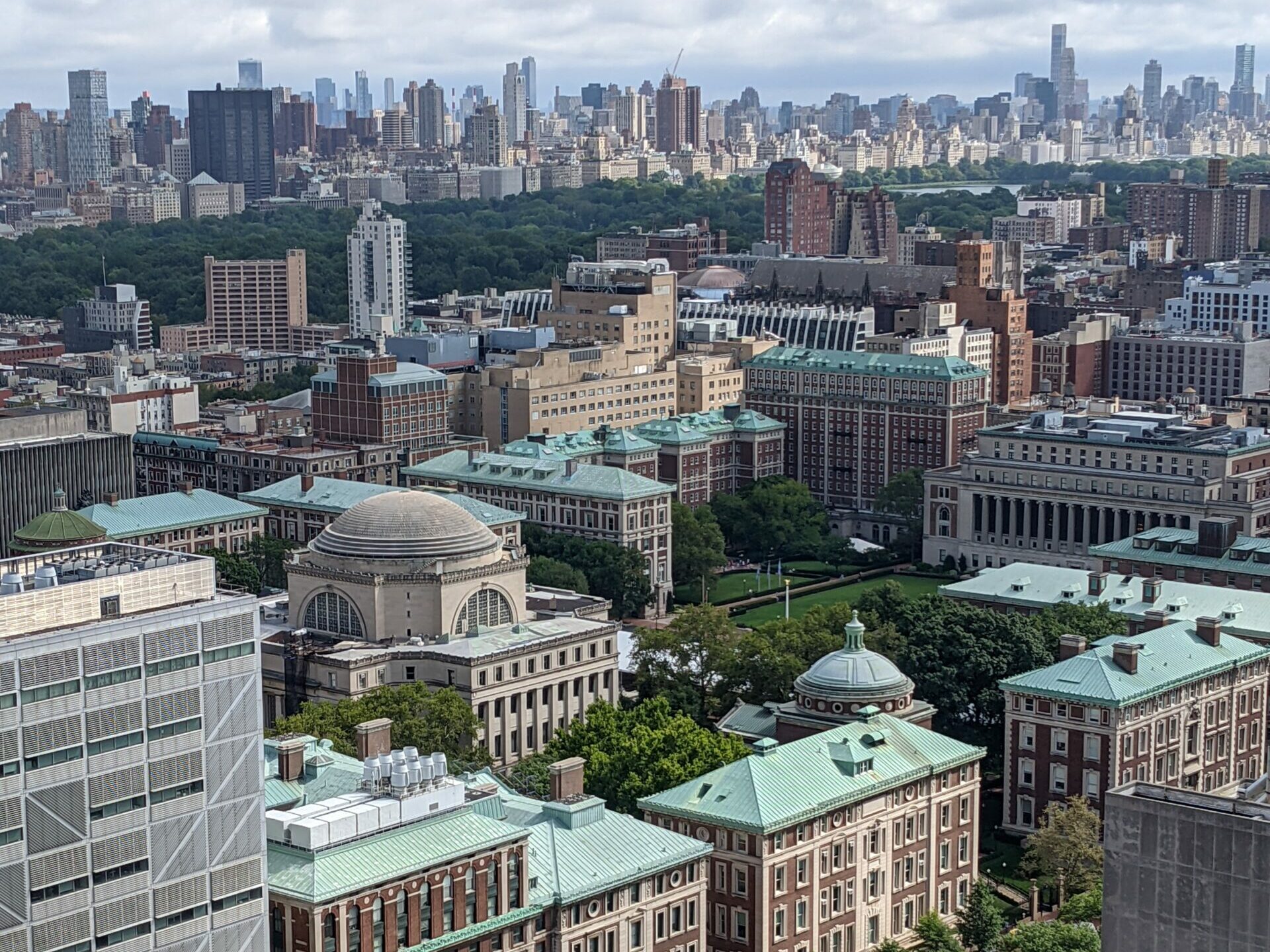 a birds eye view of Columbia University campus, Morningside Heights, Central Park and beyond