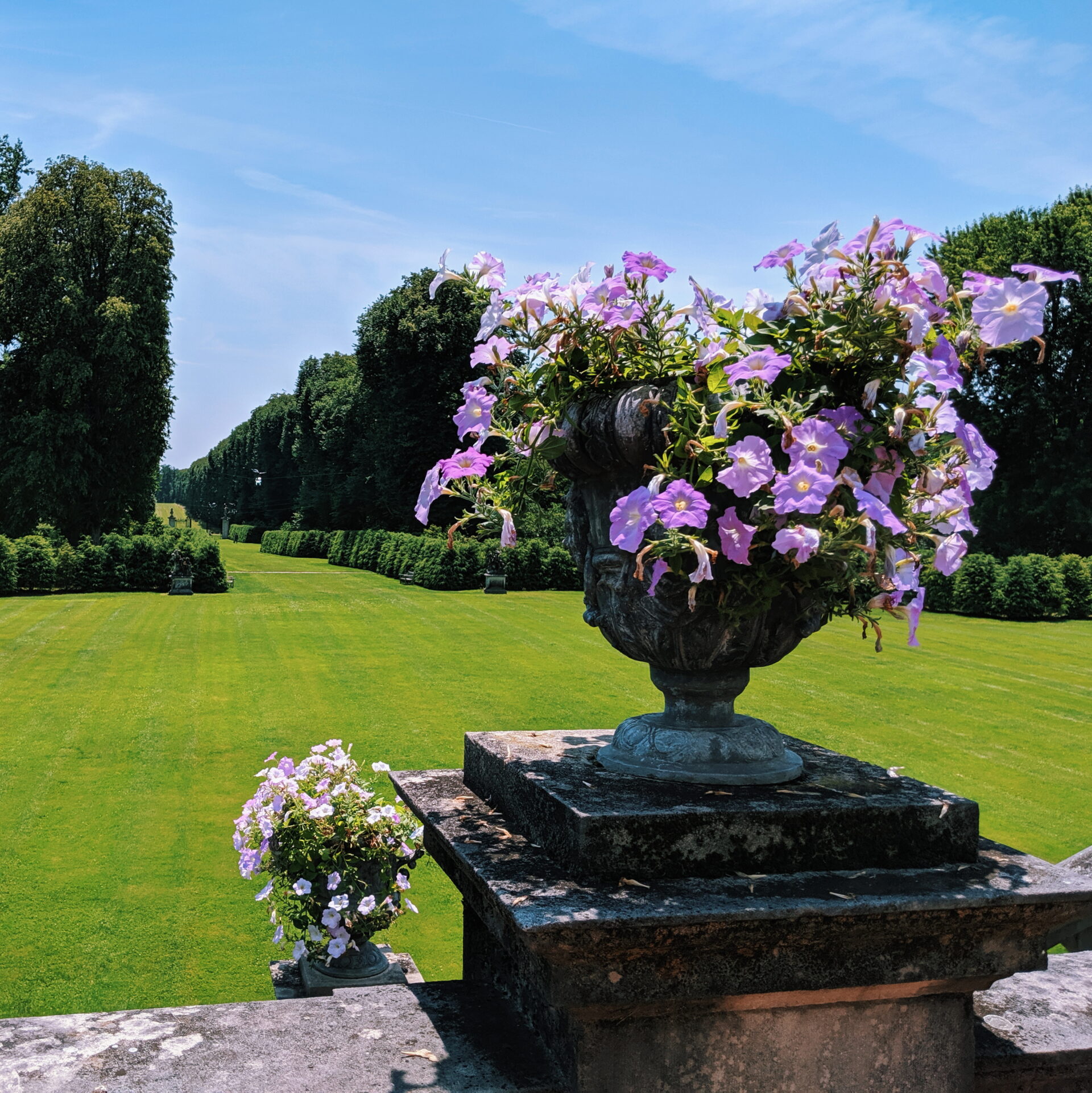 a planter on a terrace overlooking formal gardens