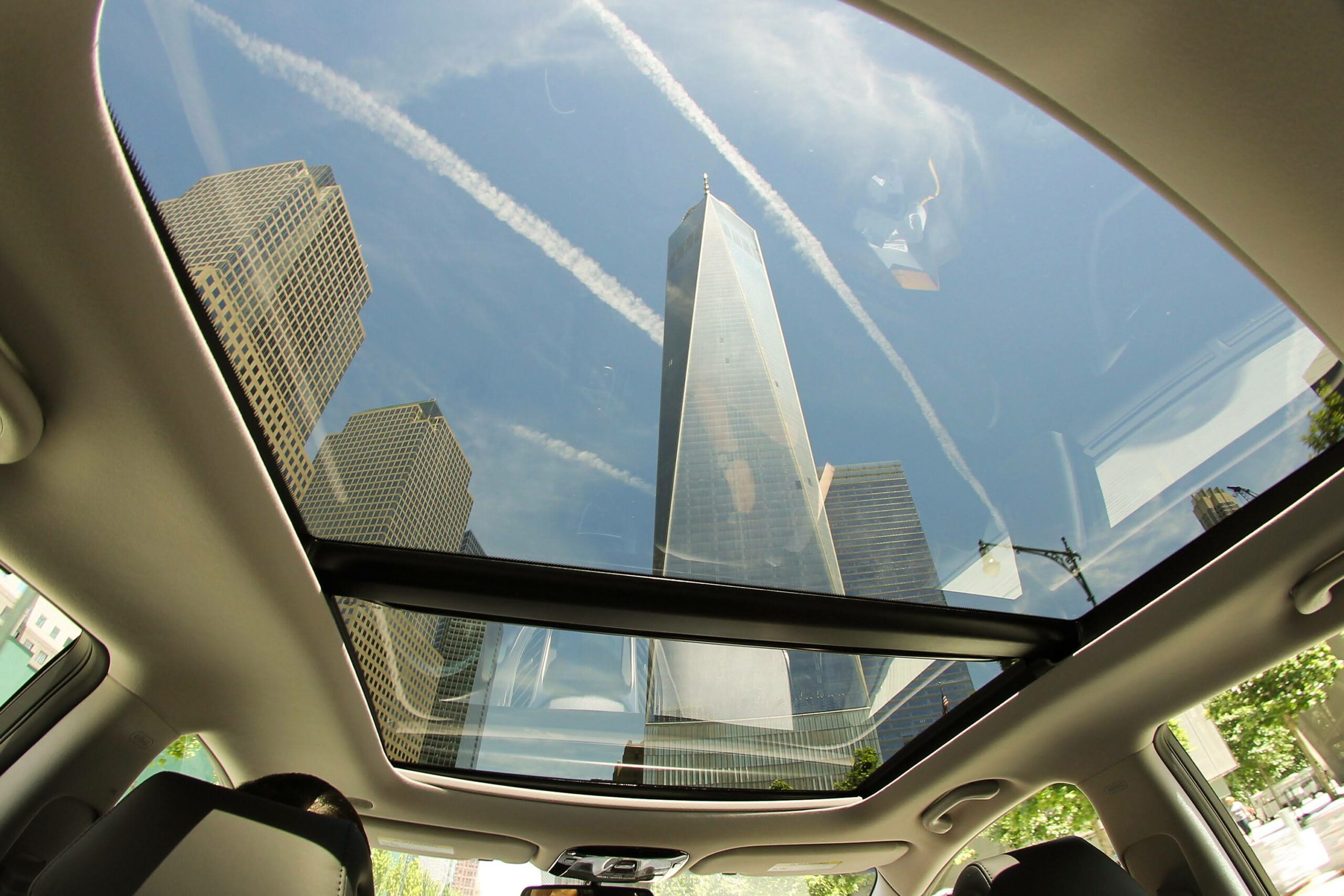One World Trace Center though the car sunroof