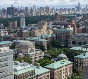 a birds eye view of Columbia University campus, Morningside Heights, Central Park and beyond